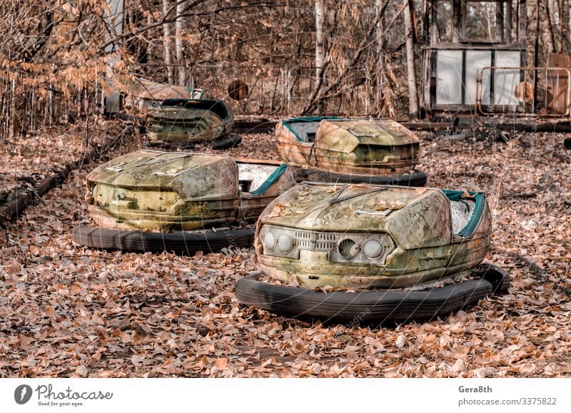 Autos in einem verlassenen Vergnügungspark in Tschernobyl Ferien & Urlaub & Reisen Tourismus Ausflug Natur Pflanze Herbst Baum Blatt Park Verkehr PKW Rost alt