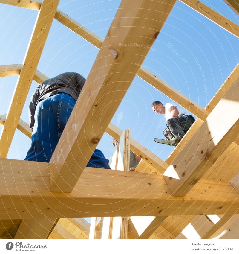 Bauarbeiter bei der Arbeit mit hölzerner Dachkonstruktion. Haus Arbeit & Erwerbstätigkeit Handwerker Baustelle Industrie Werkzeug Hammer Mensch Mann Erwachsene