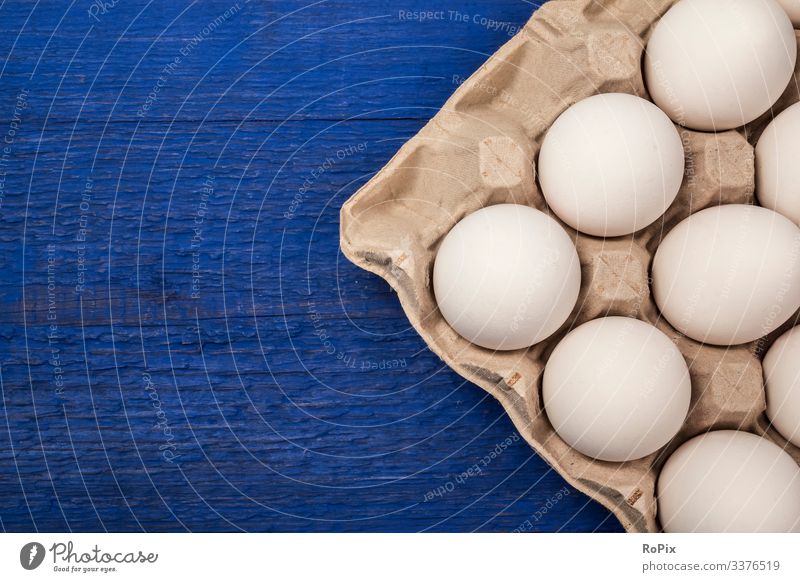 Frische Eier in einem Pappkartentablett auf blauem Hintergrund. Lebensmittel Ernährung Essen Frühstück Lifestyle Design Gesundheit Gesunde Ernährung Fitness