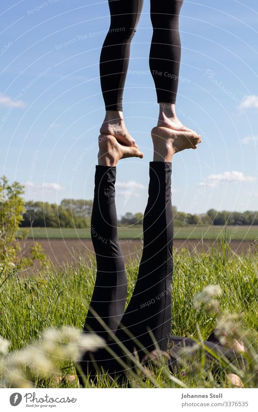 Akrobatik im Grünen Fuß Füße Beine Akroyoga Turnen Balance gleichgewicht Zirkus Artisten Himmel Feld Umwelt Leichtigkeit Vertrauen Foot-to-Foot Flyer Base Zehen
