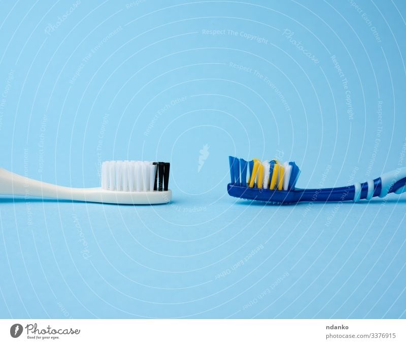zwei Kunststoff-Zahnbürsten Lifestyle Gesundheitswesen Medikament Werkzeug Mund Zähne frisch Sauberkeit weich blau weiß Schutz Farbe dental Pflege Bürste Gerät