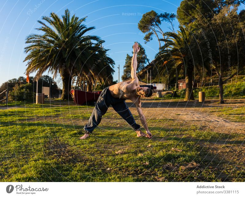 Starker Mann macht Yoga in einem Park Körperhaltung Natur Blauer Himmel Handfläche tropisch exotisch Gleichgewicht Dehnung Paradies ohne Hemd Frieden meditieren