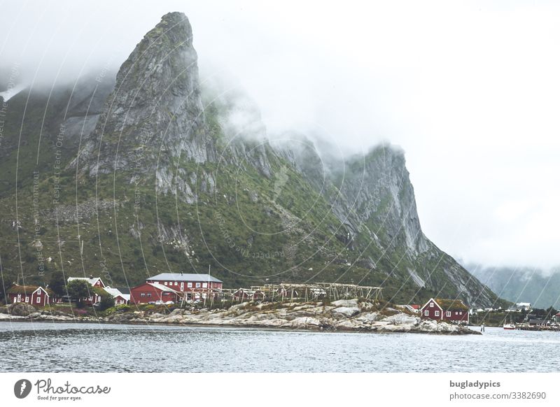 Blick vom Meer aus auf ein Fischerdorf mit roten Häusern (Rorbuer) auf den Lofoten (Reine, Norwegen) Küste Reinebringen Berge u. Gebirge Norwegenurlaub