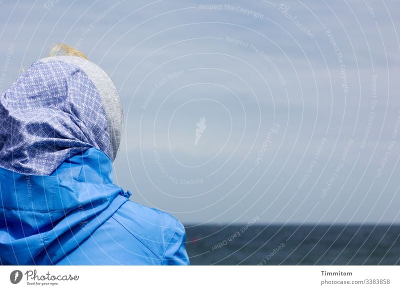 Schauen wie sie schaut (5) Mensch Kopf Frau Haare & Frisuren blond Kapuze Kleidung blau Nordsee wasser Horizont Himmel Dänemark Ferien & Urlaub & Reisen Meer