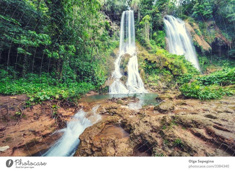 Wasserfall im Regenwald-Dschungel, der zwischen den Felsen El Rosio, Fluss Melodioso fließt Wald Hintergrund schön tropisch Park Landschaft Natur grün strömen