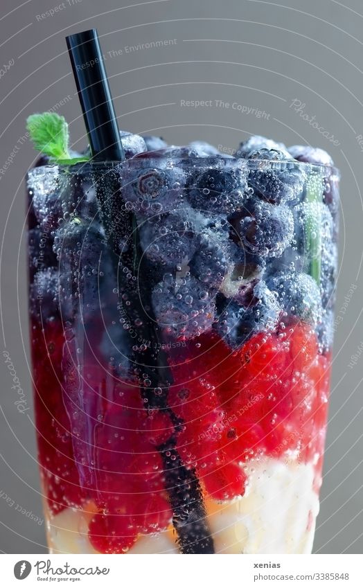 Ein Glas Erfrischungsgetränk mit Beeren und schwarzem Trinkhalm Getränk Obst vitaminreich Vegetarische Ernährung Blaubeeren Johannisbeeren rot gelb
