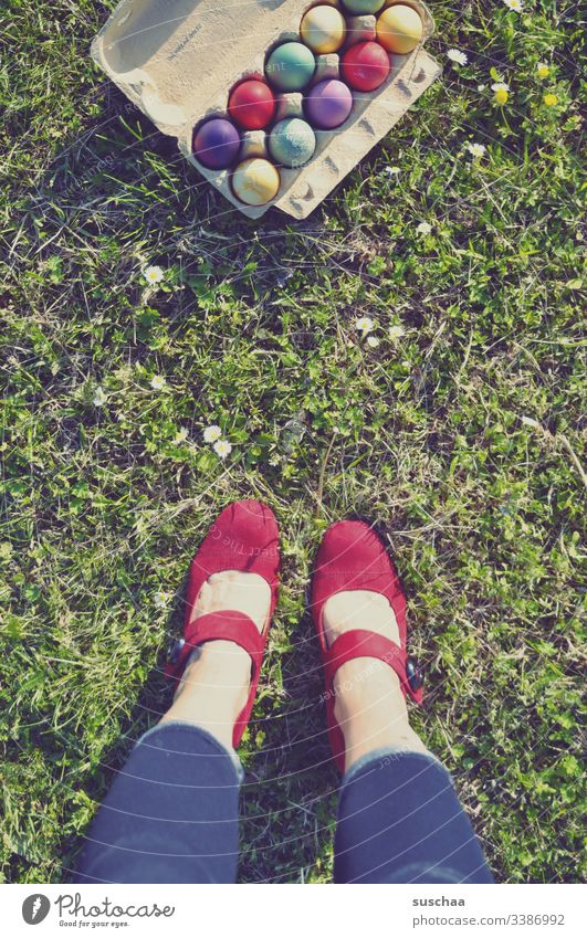 frau steht vor karton mit gefärbten ostereiern auf dem rasen Frau weiblich Beine Füße Damenschuhe Rasen Gras Ostern Ostereier bunte Eier Eierkarton seltsam