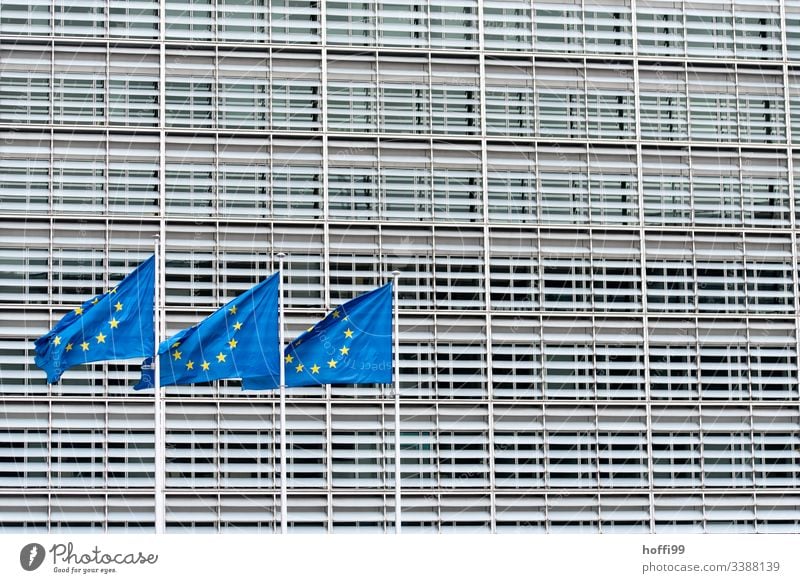drei europäische Flaggen vor der EU-Kommission Europa Symmetrie Zentralperspektive Spalte Gebäude Sauberkeit urban Linie Muster urbane Formen