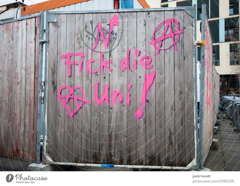 F*** die Uni Bauzaun Streetart Protest Worte Zeichen Barriere Schutz gesprüht Subkultur Straßenkunst protestieren Gesellschaft (Soziologie) Spray Graffiti