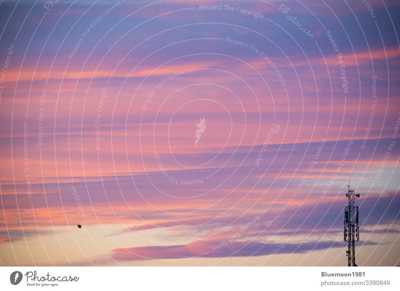 Kommunikations-Antennenturm in der Morgendämmerung mit schönen bunten Wolken am Himmelshintergrund Turm früh Fliege Mobile Sender Mitteilung Radio Zelle