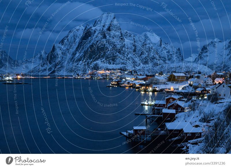 Verschneite Kleinstadt am Fjord vor Bergen zur blauen Stunde Blau Urlaub berühmt Sehenswürdigkeit Wasser Nacht Abend blaue Stunde Idylle Licht Fischerdorf Insel