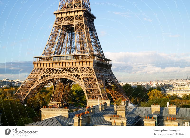 Erhöhter Blick auf den Eiffelturm, Paris. Frankreich. architektonisch Architektur Anziehungskraft schön Gebäude Kapital Großstadt Stadtbild Morgendämmerung