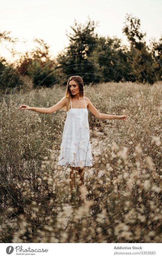 Zarte Dame im blühenden Feld stehend Frau Natur Blüte weißes Kleid Harmonie sanft Blütezeit Sommer Angebot jung Blume Freiheit sorgenfrei Gelassenheit