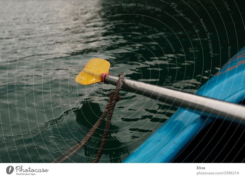 Ein gelbes Paddel das aus einem blauen Kajak auf dem Meer heraus ragt Sport Wasser rudern Bewegung Außenaufnahme Ferien & Urlaub & Reisen Wassersport