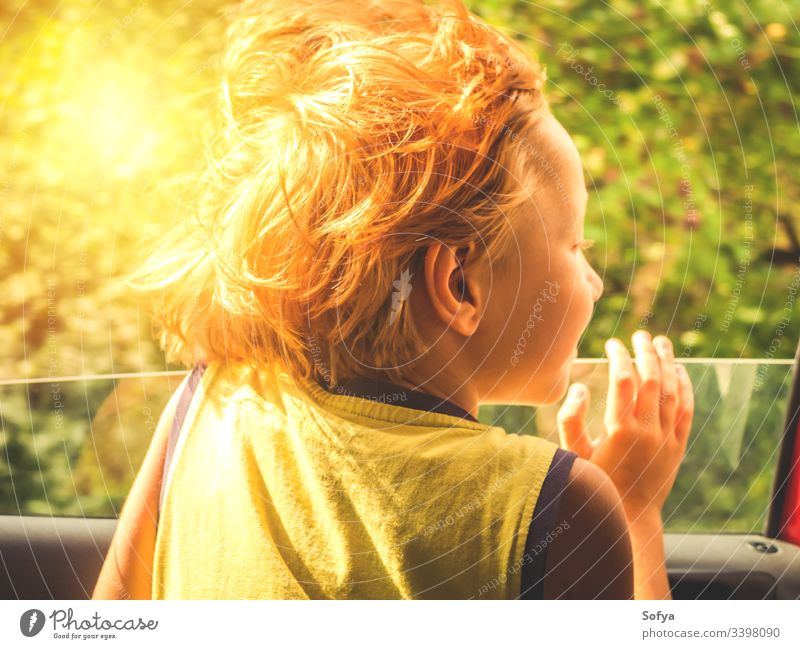 Kleiner Junge genießt Sonne und Wind beim Reisen im Auto wenig Kind PKW reisen Glück Haut Emotion Moment Behaarung Sommer genießen sonnig Tag Licht T-Shirt gelb