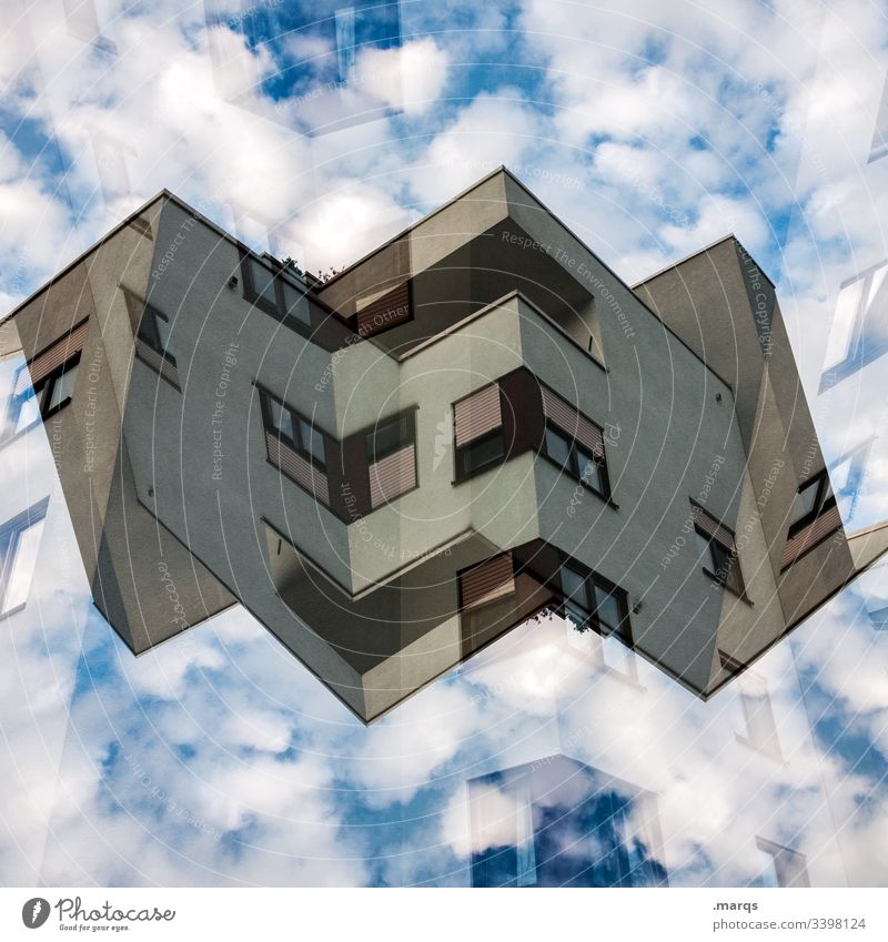 Origami Haus Architektur abstrakt Doppelbelichtung Himmel Wolken Symmetrie Zukunft Wohnhaus wohnen Schweben optische täuschung