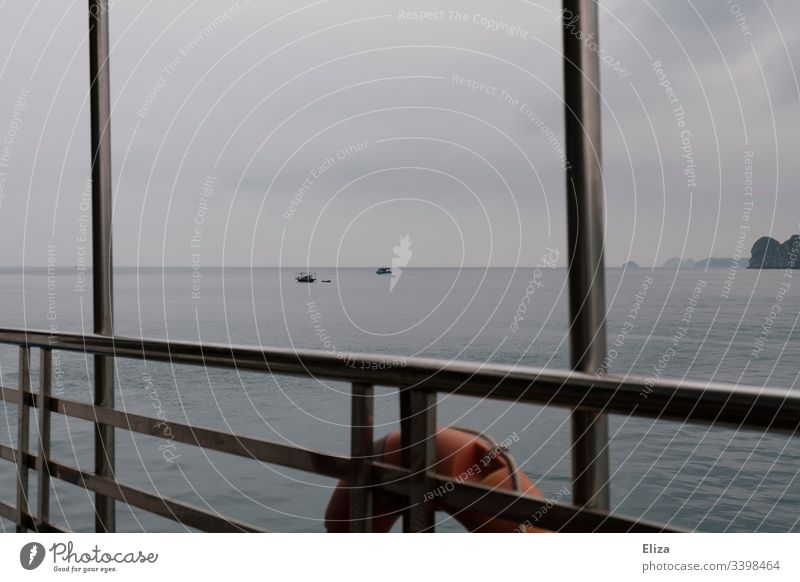 Blick über die Reling eines Schiffes mit Rettungsreifen auf das Wasser Meer blau Holz Seefahrt Ausflug grau neblig Außenaufnahme Schifffahrt Kreuzfahrt