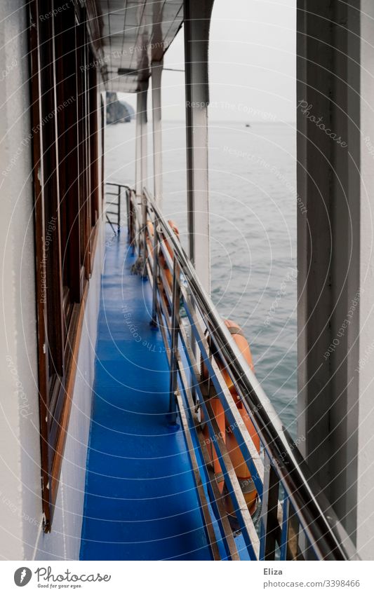 Blick über einen Gang eines Schiffes über die Reling mit Rettungsreifen auf das Wasser Meer blau Holz Seefahrt Ausflug grau neblig Außenaufnahme Schifffahrt