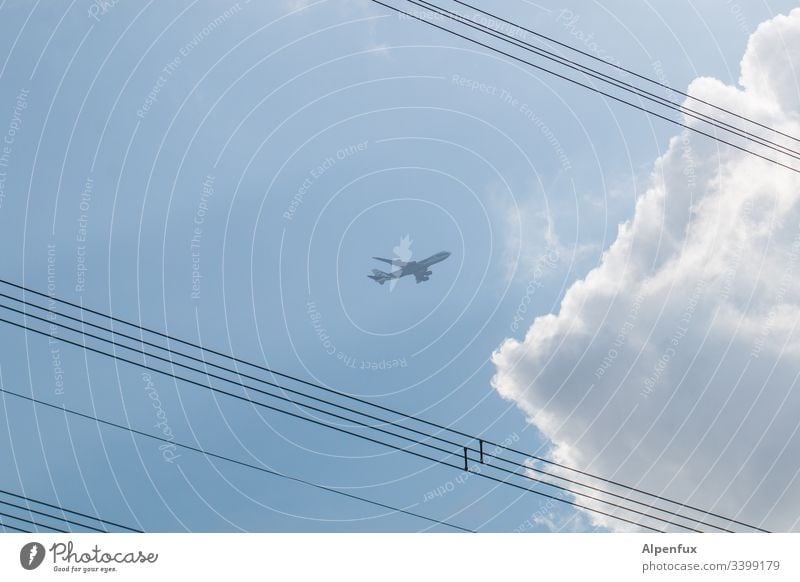 Seilschaft | Hochspannung Himmel Flugzeug blau Luftverkehr fliegen Außenaufnahme Wolken Ferien & Urlaub & Reisen Passagierflugzeug Menschenleer Tag