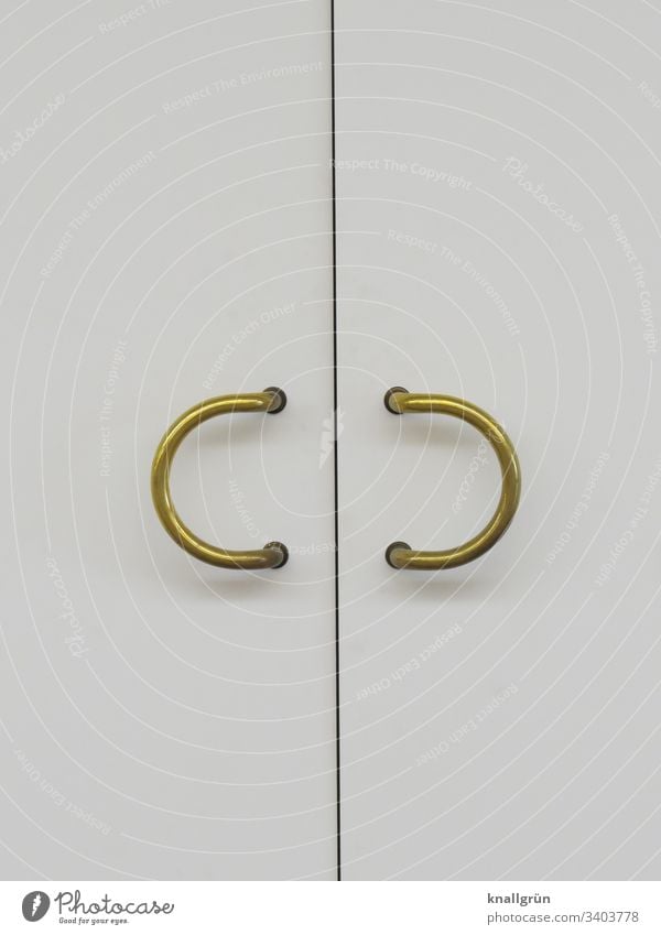 Weiße Doppeltür mit zwei halbkreisförmigen goldenen Türgriffen Eingangstür Linie geschlossen Menschenleer Farbfoto Griff Holz Metall Strukturen & Formen weiß
