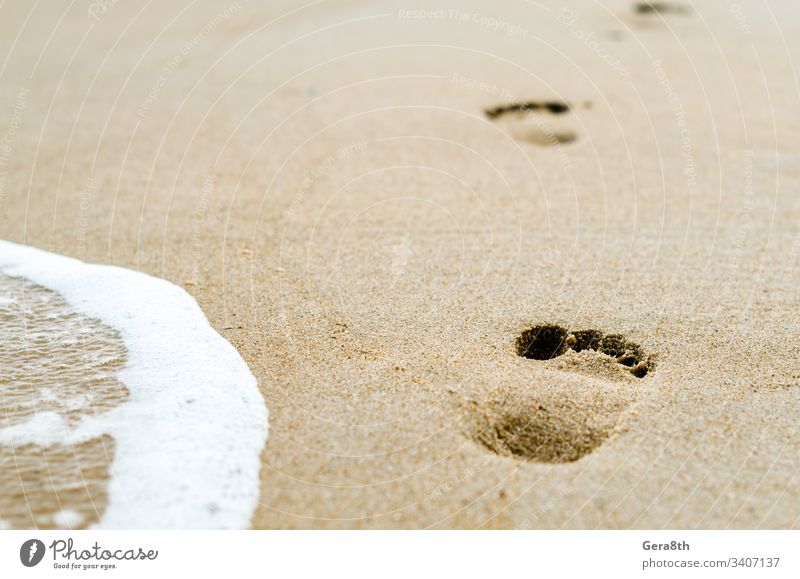 Fußabdrücke im Sand am Strand in der Nähe der Brandung Hintergrund Nahaufnahme schäumen Fußspuren Natur druckt MEER Meeresbrandung Tapete Wasser weiß gelb