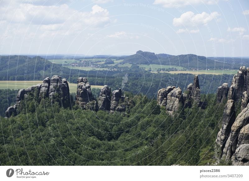 Blick über das Gebiet der Schrammsteine und die Landschaft der Sächsischen Schweiz Klettern Wolken Reise felsig Sandstein Wälder blau Blauer Himmel Klippe
