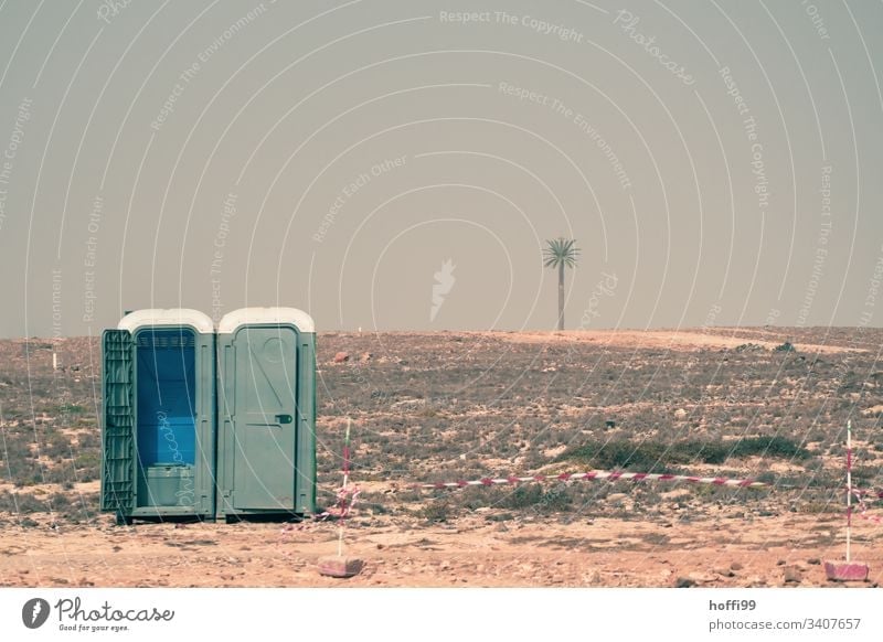 mobile Toilette in Wüste mit Flatterband und Palme Miettoilette toilettenhäuschen Sitzung 00 Plumpsklo trashig absurt Pissoir heiß ästhetisch Wärme Horizont