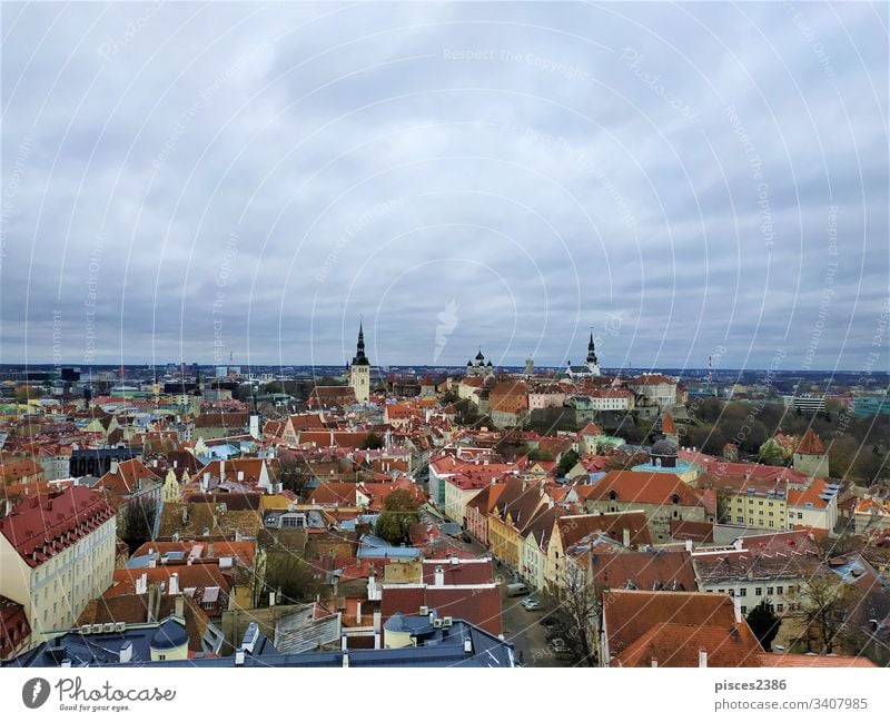 Grauer Himmel über der Ober- und Unterstadt von Tallinn Estland Architektur Kirche Stadtbild Großstadt Ansicht Gebäude Wahrzeichen Turm urban Panorama alt