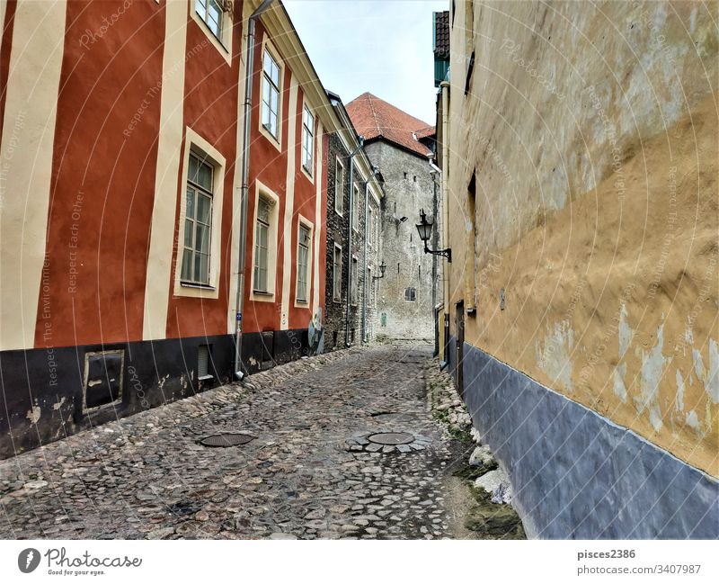 Wunderschöne alte Straße im Stadtzentrum von Tallinn baltisch Europäer historisch berühmt Dach Sightseeing mittelalterlich Abend reisen Wand Landschaft Kultur