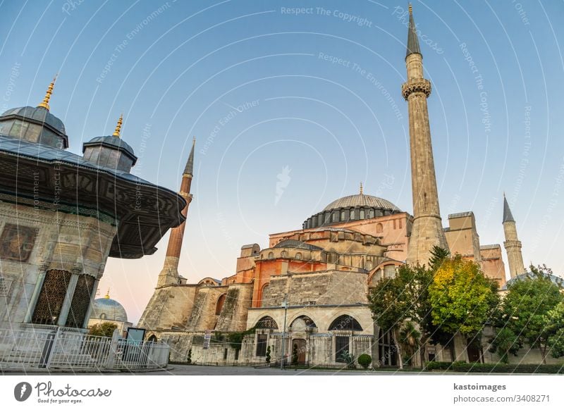 Hagia Sophia-Kuppeln und Minarette in der Altstadt von Istanbul, Türkei, bei Sonnenaufgang. Moschee Truthahn Wahrzeichen Architektur Gebäude Dom Islam Religion
