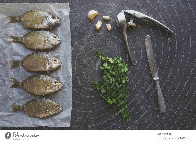 Frischer Fisch, der zum Kochen vorbereitet wird roh Lebensmittel frisch Top Ansicht vereinzelt Gesundheit MEER Meeresfrüchte Hintergrund Mahlzeit