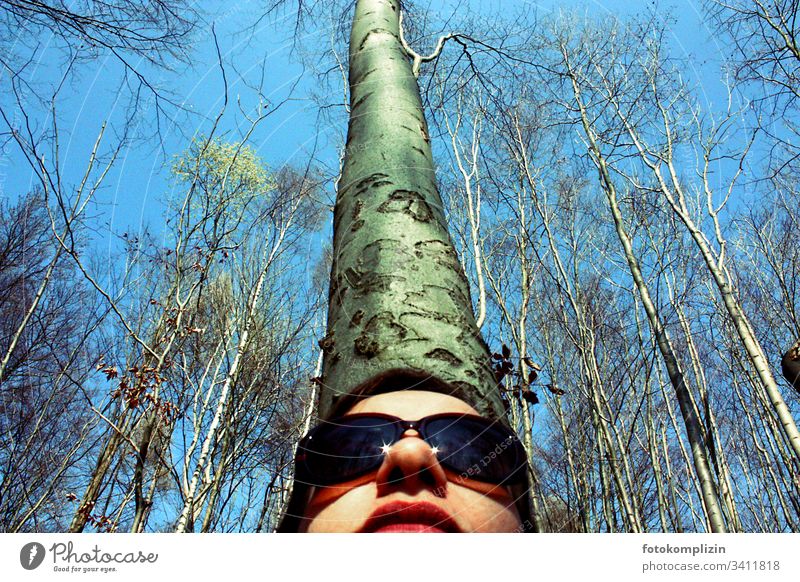 Frauengesicht mit Sonnenbrille von unten mit Baumstamm im Hintergrund Wald Waldspaziergang Waldlichtung waldgebiet Waldstimmung Baumkrone Baumrinde Naturliebe