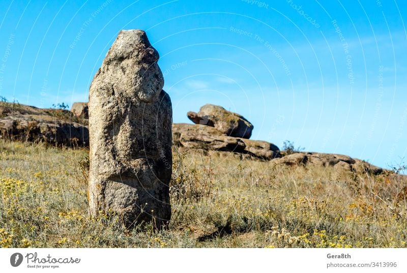 altes steinernes Idol auf einem Feld inmitten von Steinen antik Gras historisch Historie Denkmal Natur heidnisches Idol Heidentum Himmel Statue Tradition