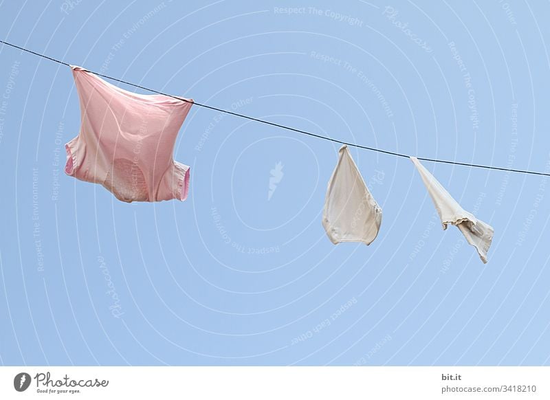 Das frisch gewaschene rosa T-Shirt zeigt der weissen Unterhose dem alten Waschlappen, vor blauem Himmel, wie man nass und duftend am Seil der Wäscheleine bei schönem Wetter zum Trocknen hängt.
