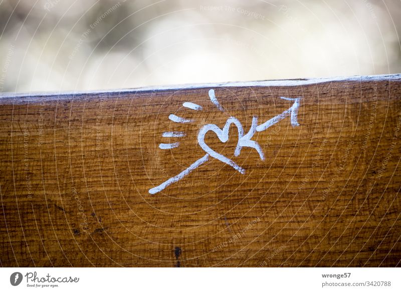 Herz und Amors Pfeil mit weißen Stift auf die Rückenlehne einer Parkbank gezeichnet Zeichen Liebe Farbfoto Menschenleer Tag Verliebtheit Außenaufnahme Romantik
