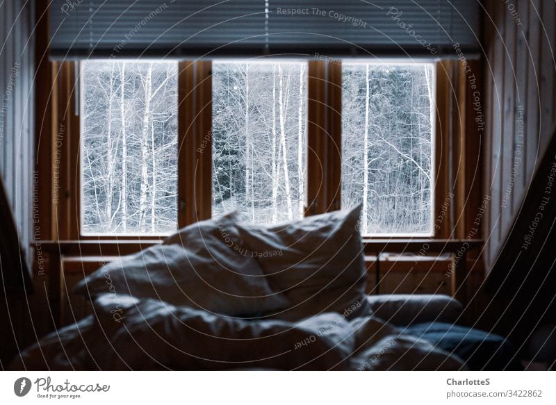 Ein leeres Bett mit zerknautschtem Bettzeug im Holzhaus vor dem Fenster. Draußen schneebedeckte Birken. Schnee Winter Wald Nebel Hütte Sonntag Morgen Jalousie