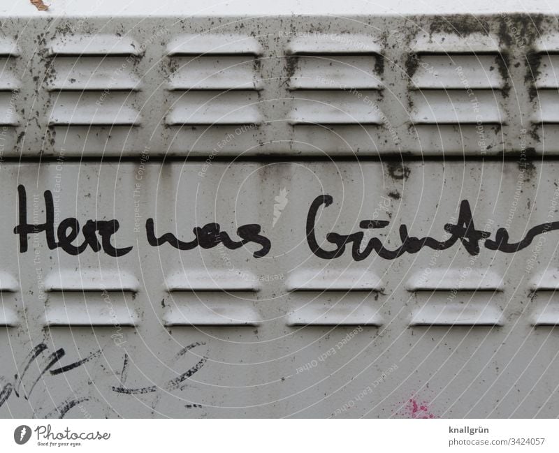Here was Günter Graffiti auf einer Trafostation Kommunikation Schreibschrift Mitteilung Sprache Wort Buchstaben Typographie Text Schriftzeichen