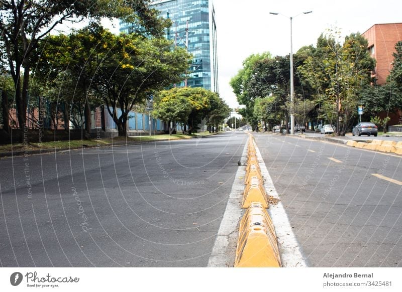 Keine Menschen Fahrradweg und Allee mit moderner Stadt und Autos im Hintergrund an sonnigen Tagen Architektur Asphalt Fahrräder Radweg Radfahrer Radfahren