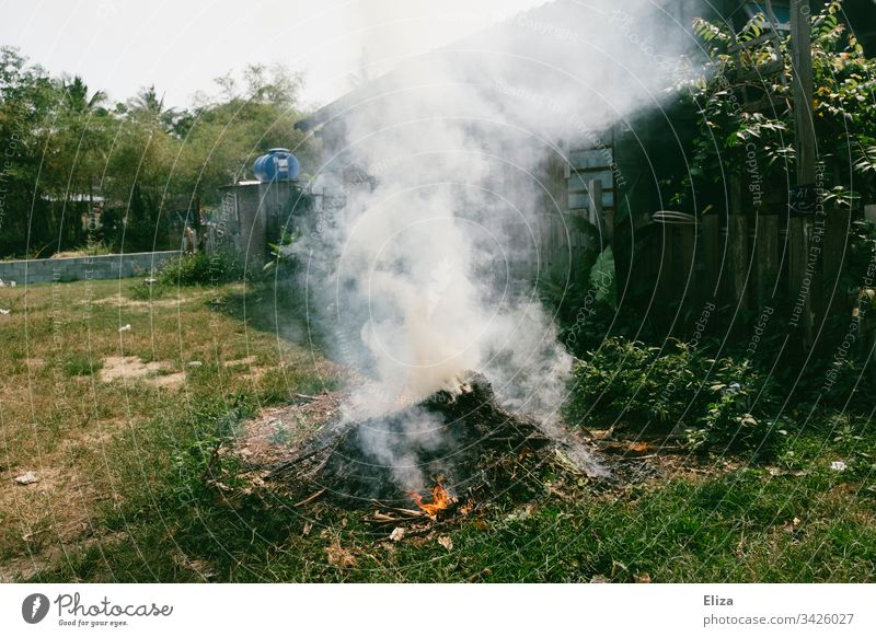 Ein Feuer auf grüner Wiese in einem Garten verbrennen Asien Müllverbrennung Kompost Rasen Rauch umweltschädlich Menschenleer Außenaufnahme Gras Gebäude Häuser