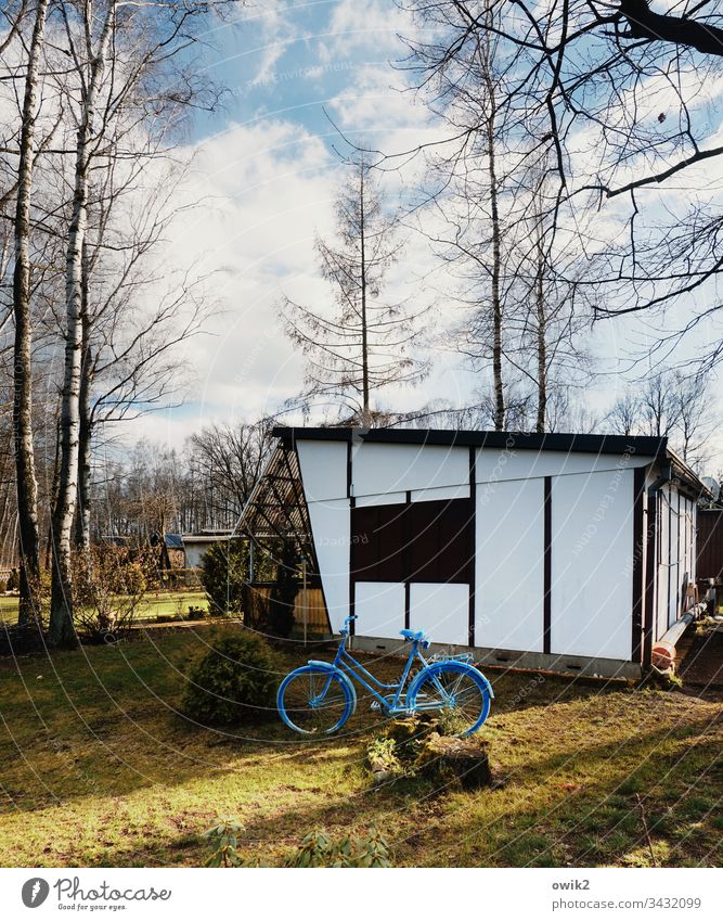 Blaues Fahrrad Bungalow Feriensiedlung Campingplatz Dauercamper Freizeit draußen Bäume Natur Entspannung Erholung Menschenleer Farbfoto Ferien & Urlaub & Reisen