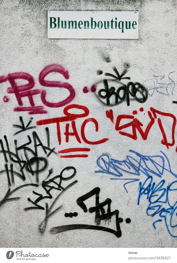 Geschmacksverschiebung wand hauswand beton düster grafitti tags farbe blumenladen schild boutique kritzelei schmiererei edding buchstaben symbole