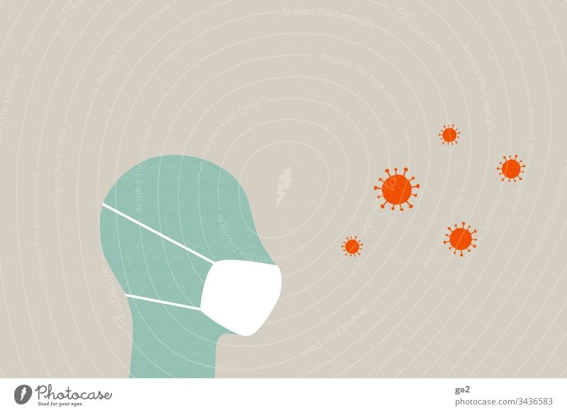 Kopf mit Mundschutz und Viren niesen ansteckend Ansteckungsgefahr Virus Krankheit Hygiene Infektion Gesundheitswesen Medizin Coronavirus Krankenhaus Seuche