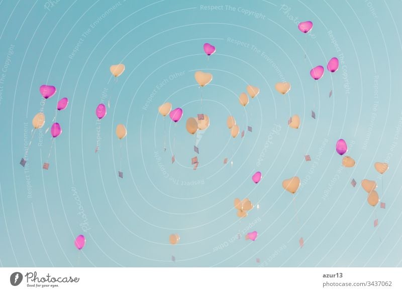 Herz-Liebes-Ballons fliegen mit Zeremonie-Wünschen in den türkisfarbenen Himmel. Romantisches Symbol für eine zukünftige Partnerschaft. Gruppe von schönen Herzballons mit Glückwunschkarten bei der Hochzeitsfeier oder am Valentinstag