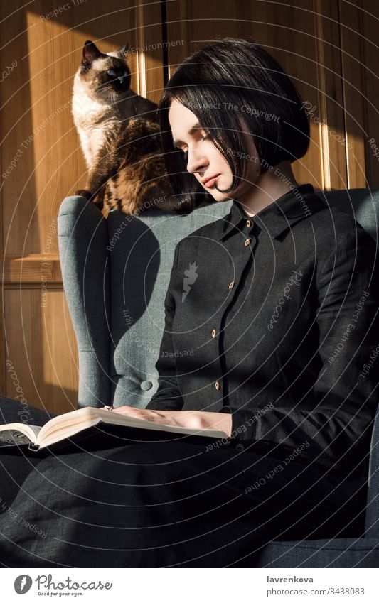 Porträt einer jungen erwachsenen Frau, die auf einem Stuhl sitzt und mit ihrer Katze hinter sich Bücher liest, langsames Leben oder Freizeitkonzept. niedlich
