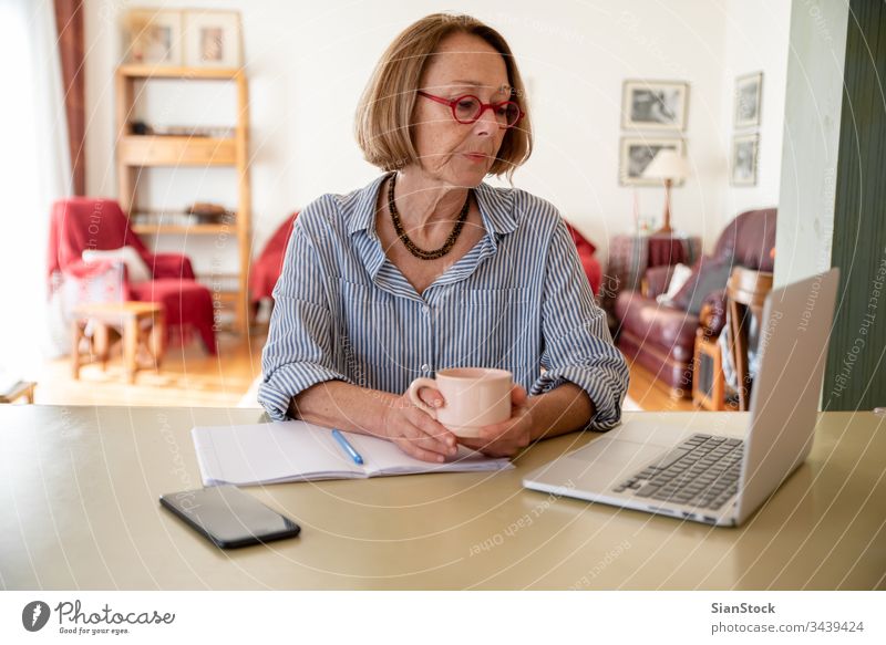 Senioren mittleren Alters, die zu Hause am Computer arbeiten Frau Laptop reif Menschen eine Person Lifestyle Schreibtisch benutzend heiter trinken Brille