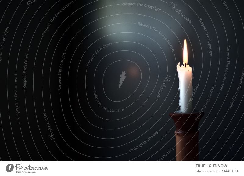 Vor dunklem Hintergrund brennt einsam eine weiße Kerze in einem Terrakotta Kerzenständer Kerzenflamme Kerzenschein Licht Flamme brennen Menschenleer leuchten