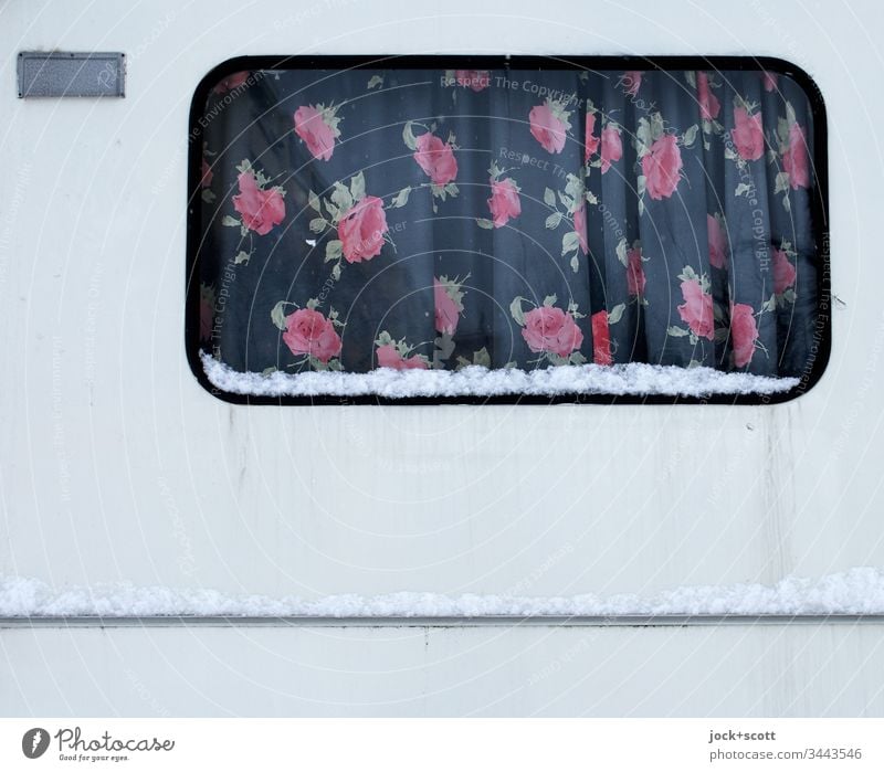 Floraler Vorhang für Caravan, gemütlich für unterwegs und daheim Wohnwagen Fenster Camping trashig Lifestyle retro Schnee Hintergrund neutral Gedeckte Farben