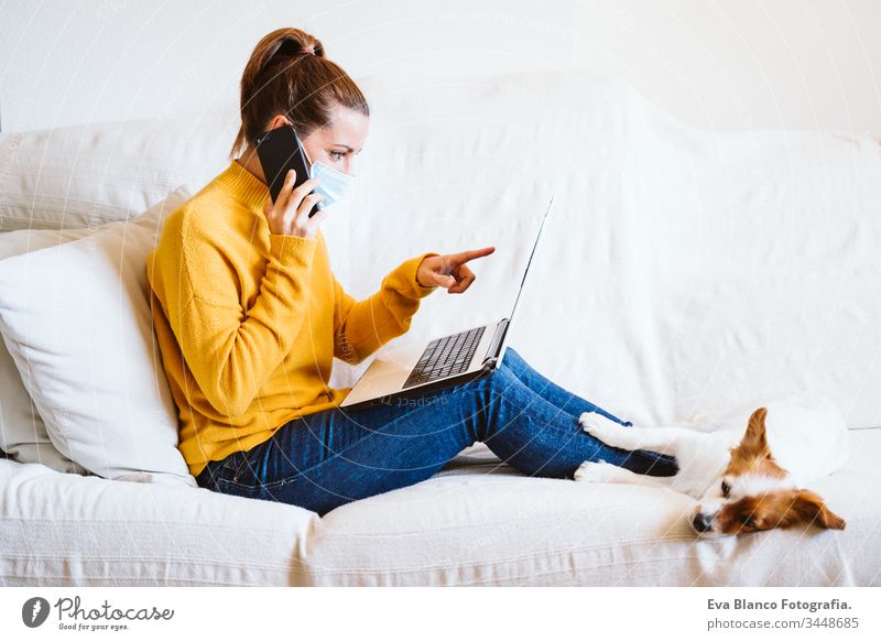 junge Frau, die zu Hause am Laptop arbeitet, auf der Couch sitzt und eine Schutzmaske trägt. Daneben ein süßer kleiner Hund. Konzept "Bleib zu Hause" während Coronavirus covid-2019