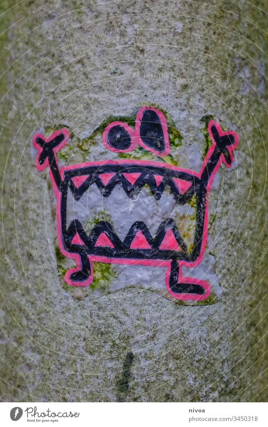 Monster Sticker Zeichnung Aufkleber Laternenpfahl Zähne Farbfoto gruselig Auge Tag Mund Außenaufnahme Nase schreien 1 böse niedlich Mensch Gesicht Angst Porträt