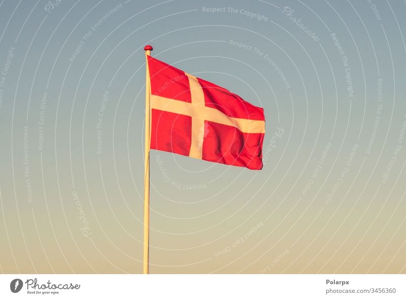 Dänische Flagge im Morgengrauen weht im Wind dänische Flagge unabhängig Freundschaft Material Identität Ausflugsziel reisen international Kopenhagen Patriotin